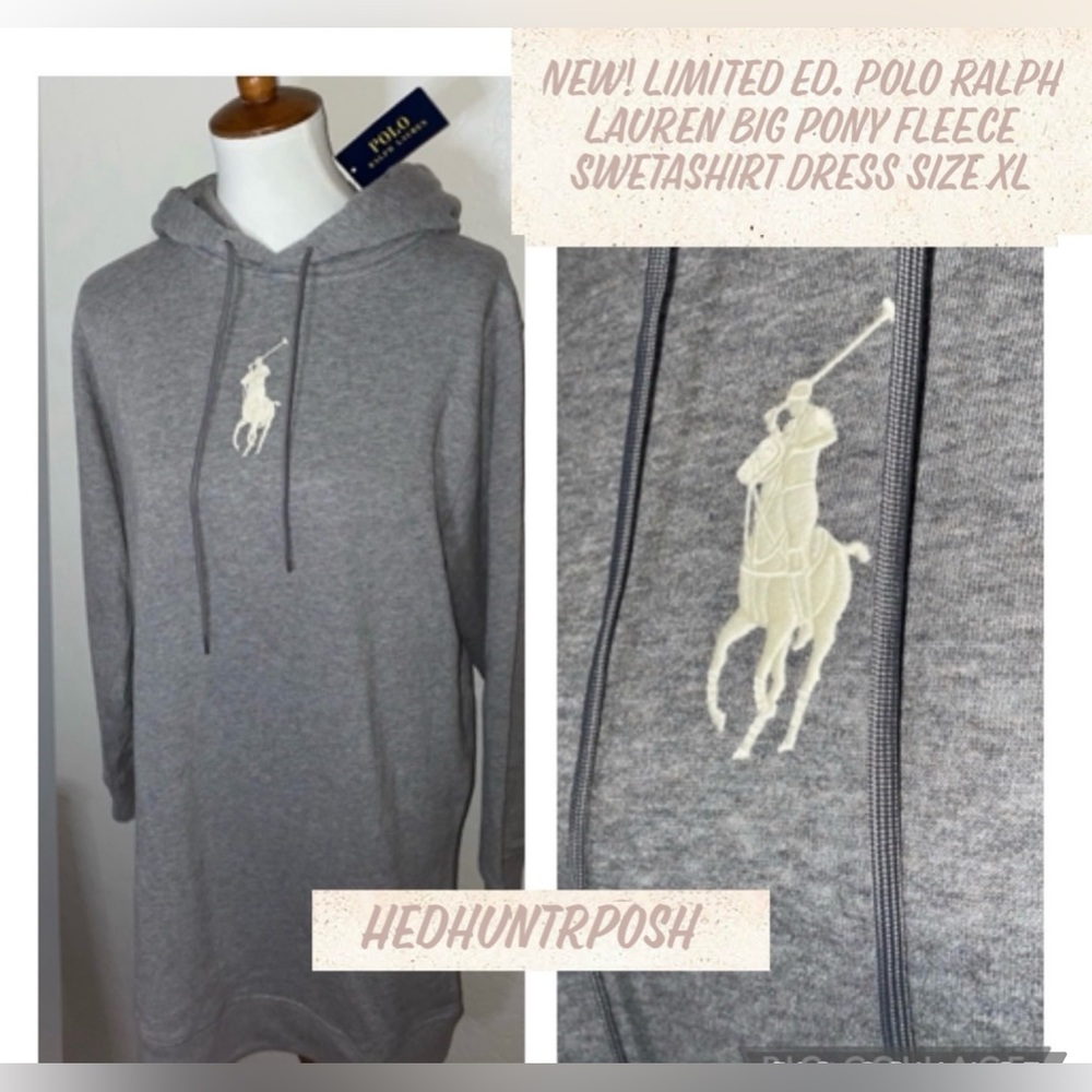 🎉HP🎉New Polo Embroidered Big Pony Gray/Cream Fleece Sweatshirt Dress X-Large🐎